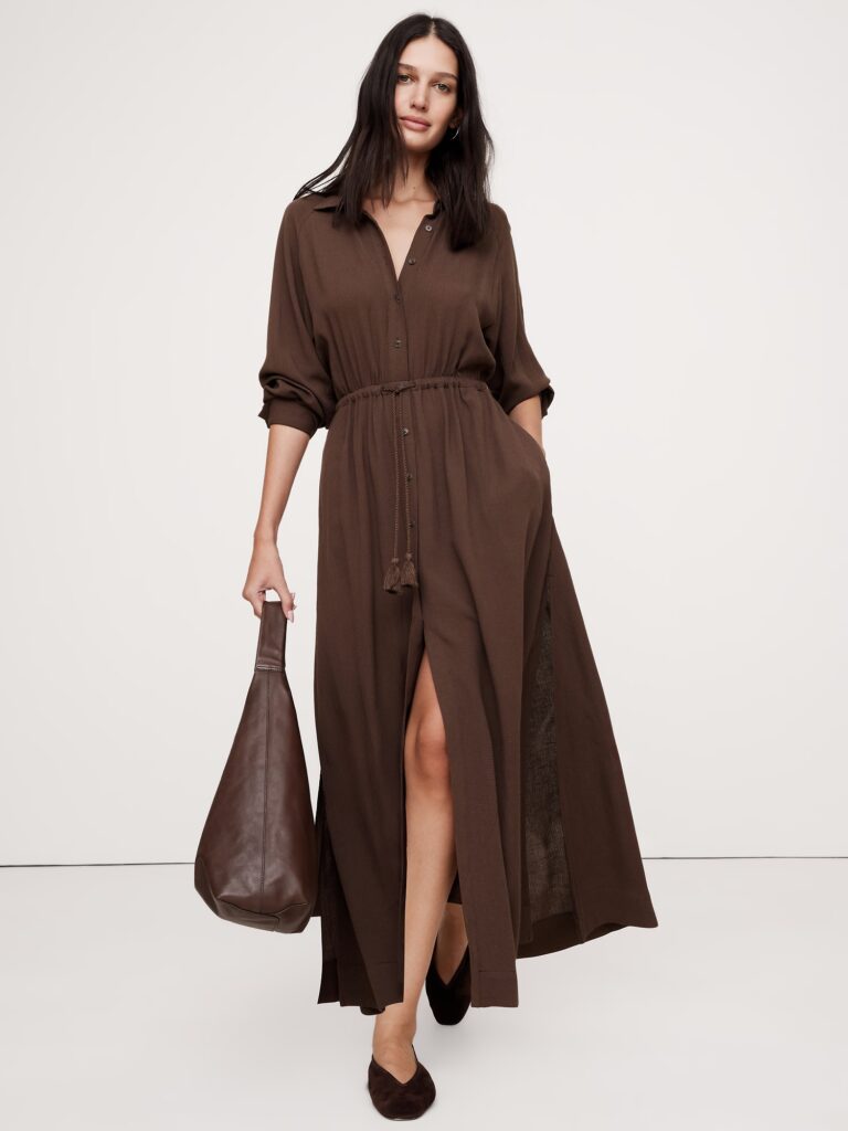 Model wearing lightweight ankle length chocolate brown dress 