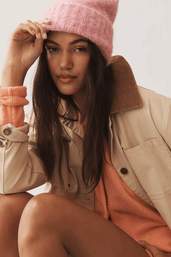 Fall fashion outfit with a dress, jacket, and beanie.