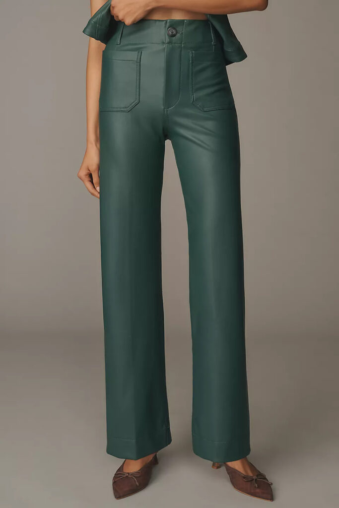 Full-length teal faux leather wide-leg pants.