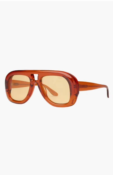 Retro-style bold brown sunglasses.
