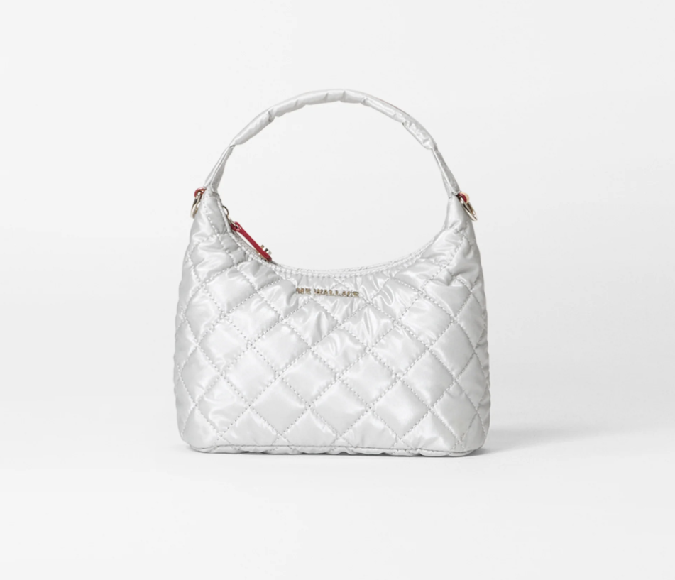 A metallic mini handbag.