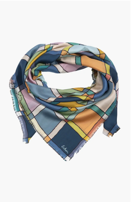A silk scarf with a classic windowpane pattern.