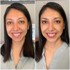 Before-and-after photos of Lianne following a professional makeup session in Albuquerque