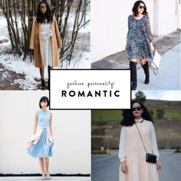 Mood board featuring romantic personality outfit styles.