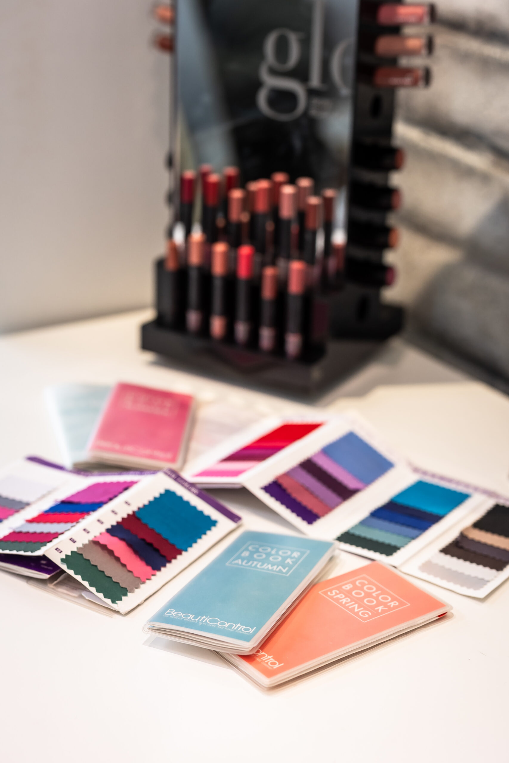 Makeup set and color swatches for color analysis session in Albuquerque.