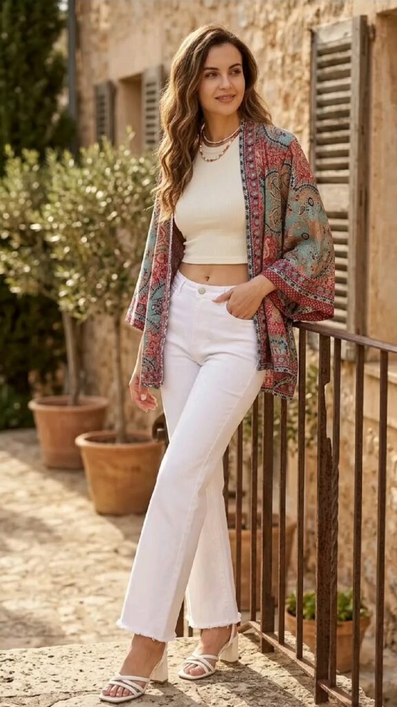 Woman wearing white pants, a soft top, and a light blazer
