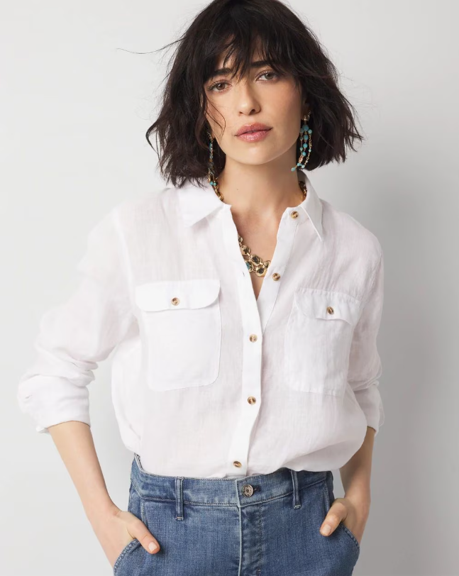 White linen top for a casual look.