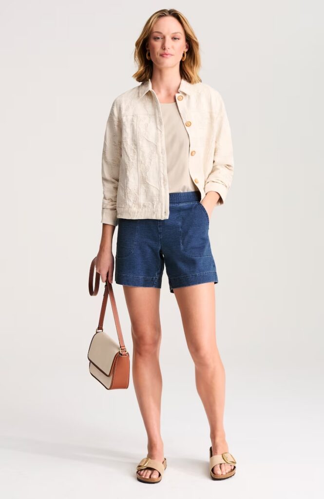 Summer outfit using the brown and blue sandwich formula for a balanced, cohesive style.