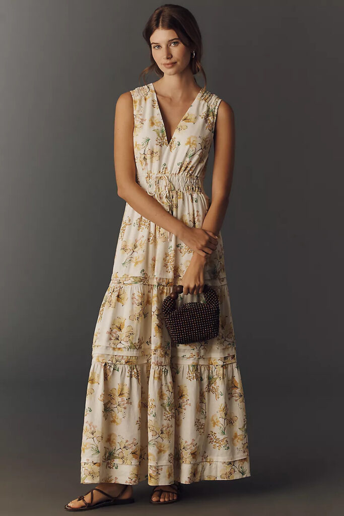 Flowy floral maxi dress creating a soft, feminine casual chic look.