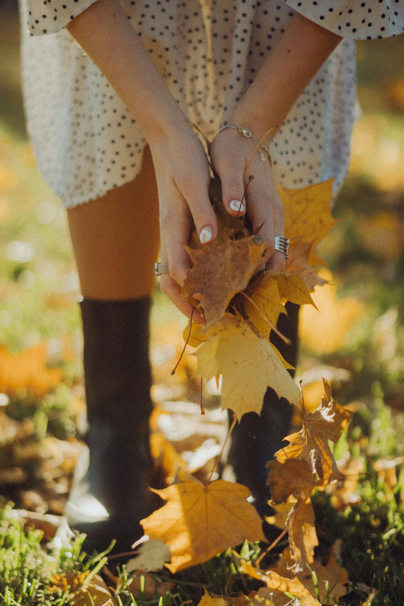 A woman wearing a fall outfit surrounded by autumn scenery.